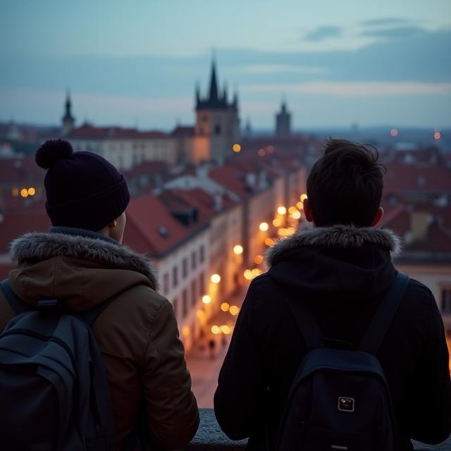 Reisende blicken auf eine historische Altstadt