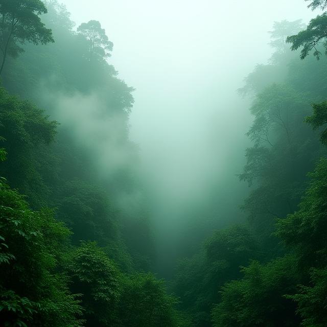 Üppiger Regenwald in Morgennebel